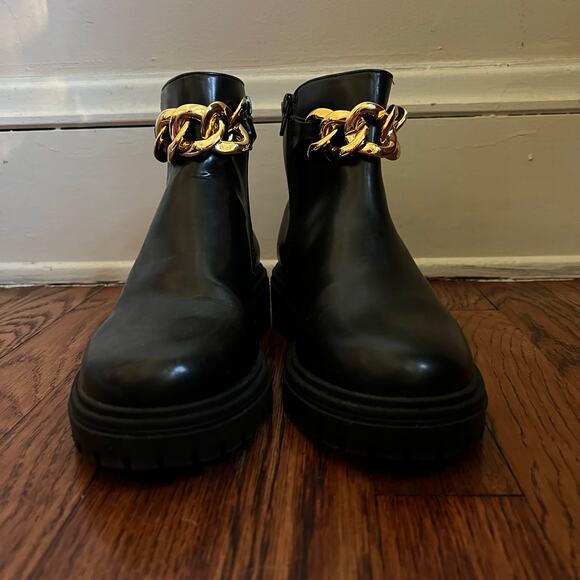 INC International Concepts Black Combat Ankle Boots Size 7M Gold Braid Bikercore - Picture 4 of 16